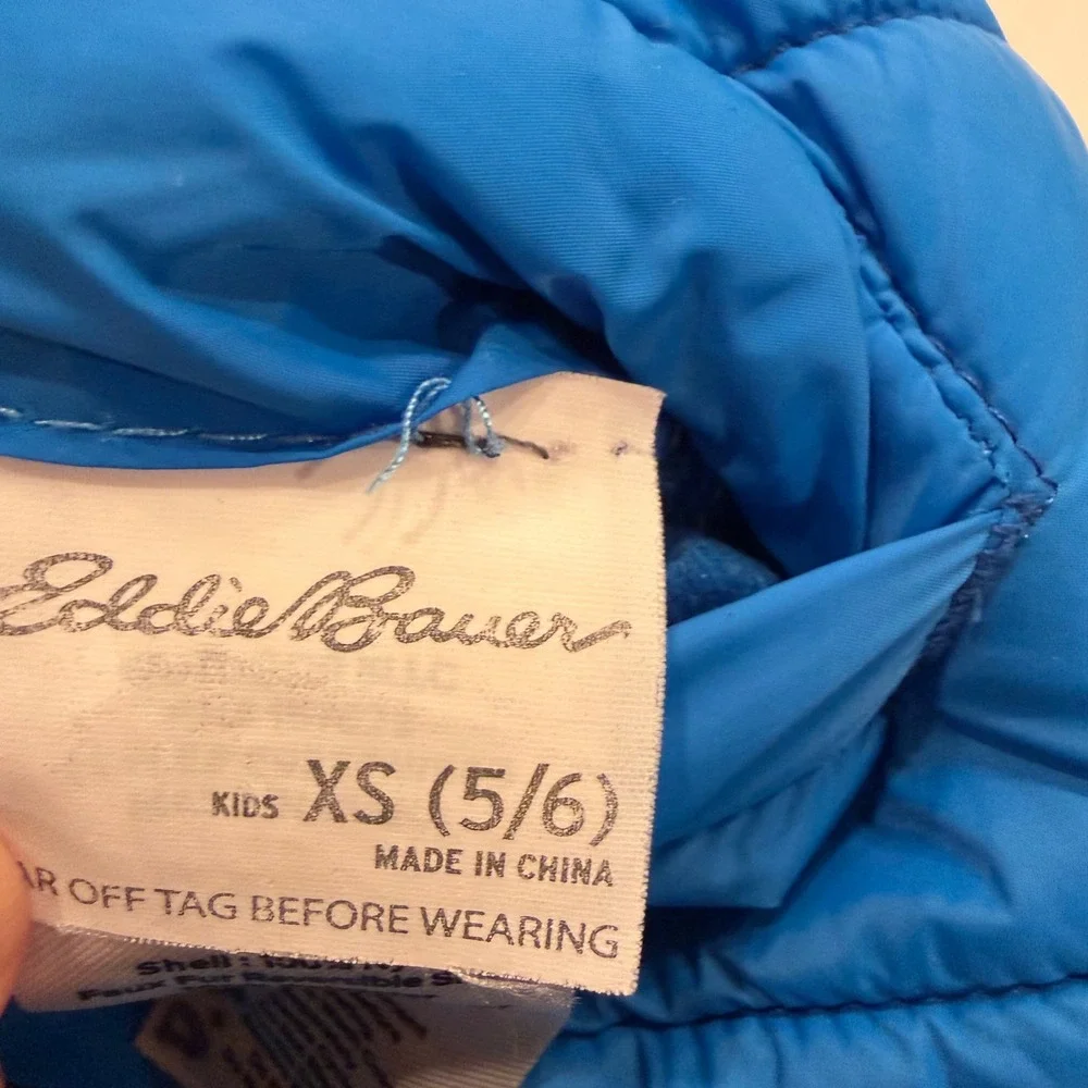Eddie Bauer Kids XS 5/6 Blue Puffer Jacket Sherpa‎ Lined Hooded Quilted Coat
